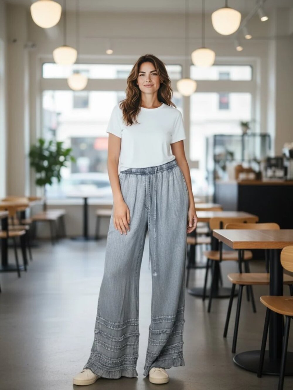 Origami Chambray Palazzo Ruffle Pants